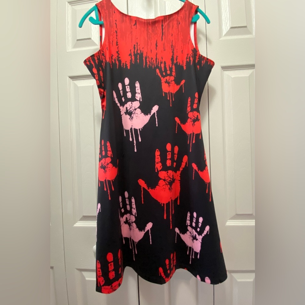 BLOODY HANDPRINT FIT & FLARE PARTY DRESS IN BLACK & RED LIKE NEW - Picture 4 of 9